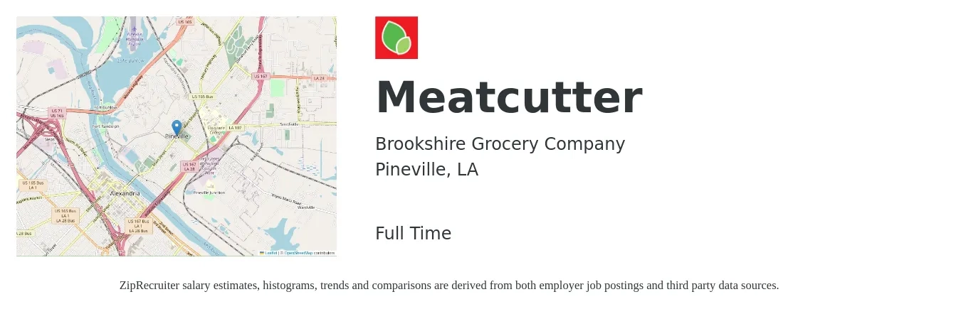 Brookshire Grocery Company job posting for a Meatcutter in Pineville, LA with a salary of $14 to $19 Hourly with a map of Pineville location.