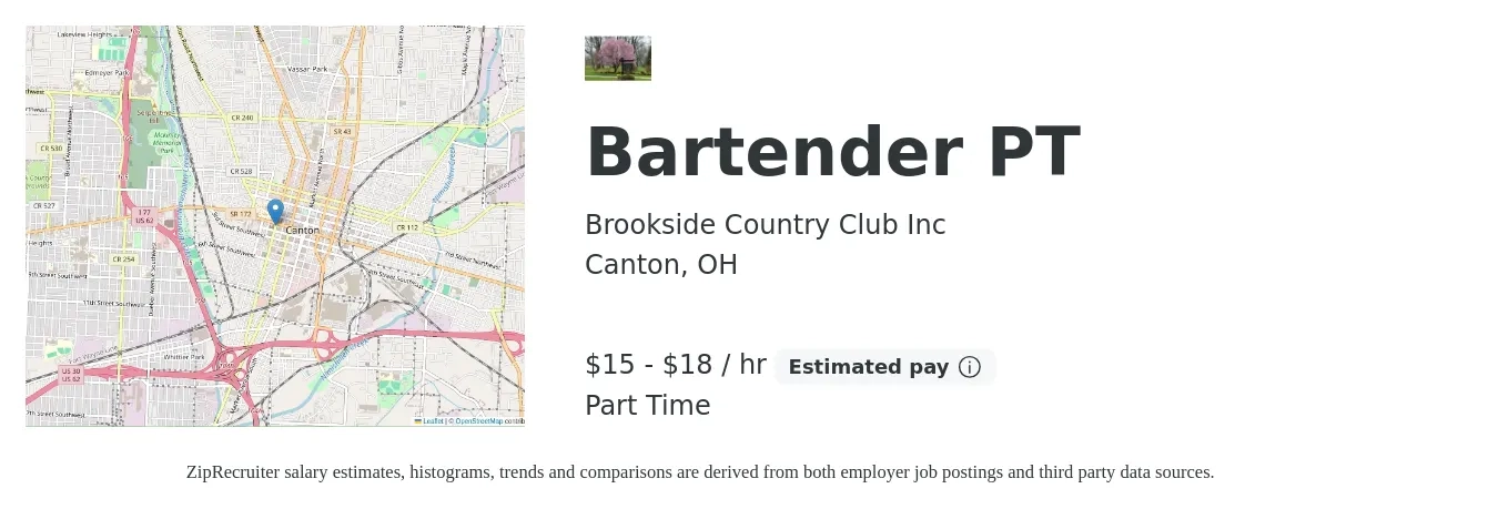 Brookside Country Club Inc job posting for a Bartender PT in Canton, OH with a salary of $16 to $20 Hourly with a map of Canton location.