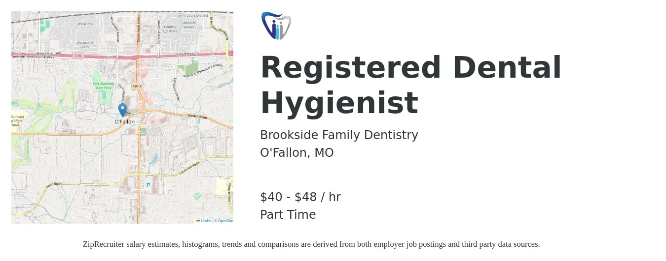 Brookside Family Dentistry job posting for a Registered Dental Hygienist in O'Fallon, MO with a salary of $42 to $46 Hourly with a map of O'Fallon location.