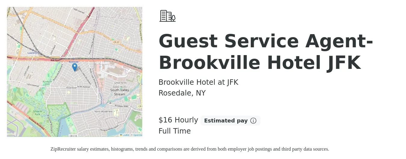 Brookville Hotel at JFK job posting for a Guest Service Agent- Brookville Hotel JFK in Rosedale, NY with a salary of $17 Hourly with a map of Rosedale location.