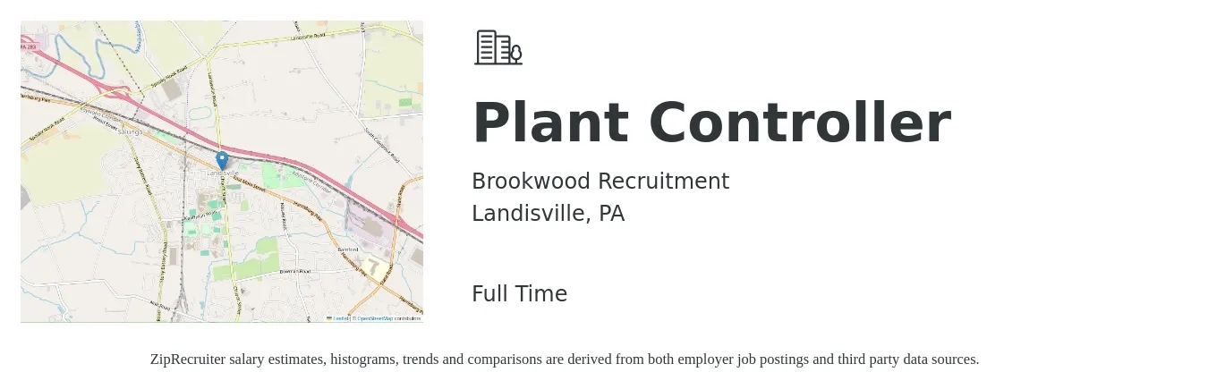 Brookwood Recruitment job posting for a Plant Controller in Landisville, PA with a salary of $130,000 Yearly with a map of Landisville location.