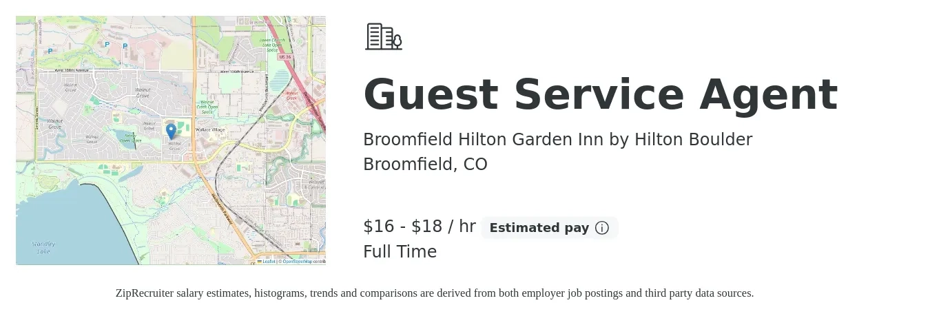 Broomfield Hilton Garden Inn by Hilton Boulder job posting for a Guest Service Agent in Broomfield, CO with a salary of $17 to $19 Hourly with a map of Broomfield location.