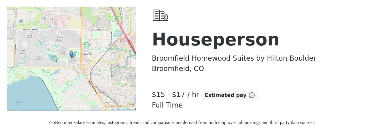 Broomfield Homewood Suites by Hilton Boulder job posting for a Houseperson in Broomfield, CO with a salary of $16 to $18 Hourly with a map of Broomfield location.