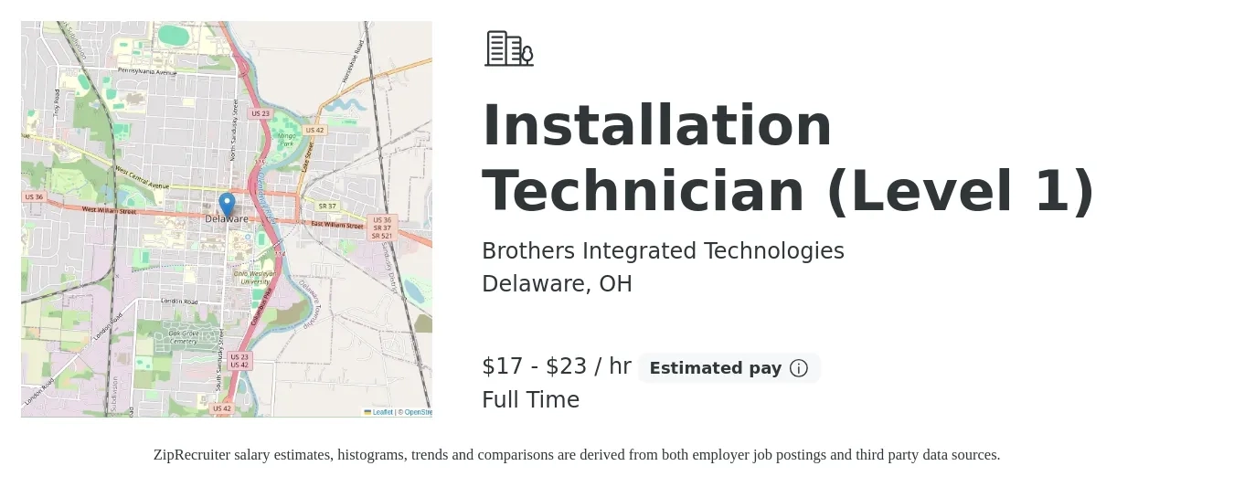 Brothers Integrated Technologies job posting for a Installation Technician (Level 1) in Delaware, OH with a salary of $18 to $24 Hourly with a map of Delaware location.