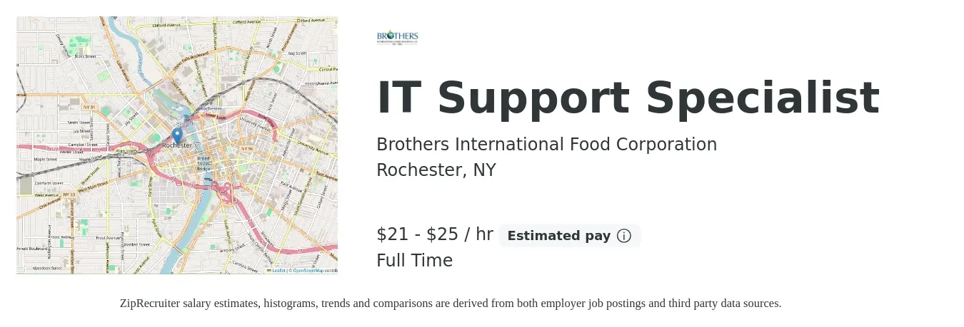 Brothers International Food Corporation job posting for a IT Support Specialist in Rochester, NY with a salary of $22 to $26 Hourly with a map of Rochester location.