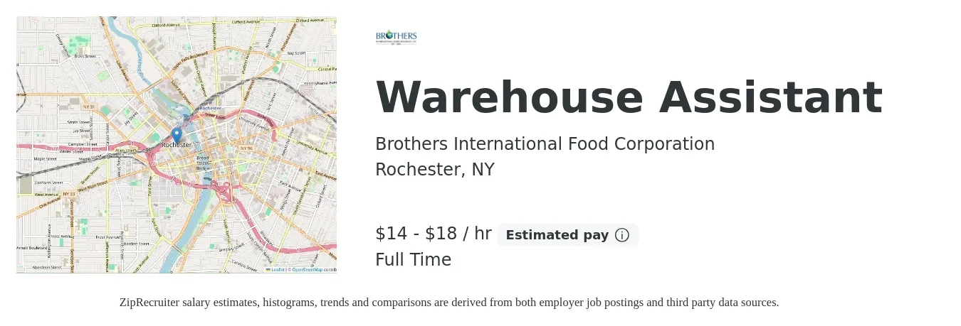 Brothers International Food Corporation job posting for a Warehouse Assistant in Rochester, NY with a salary of $15 to $19 Hourly with a map of Rochester location.