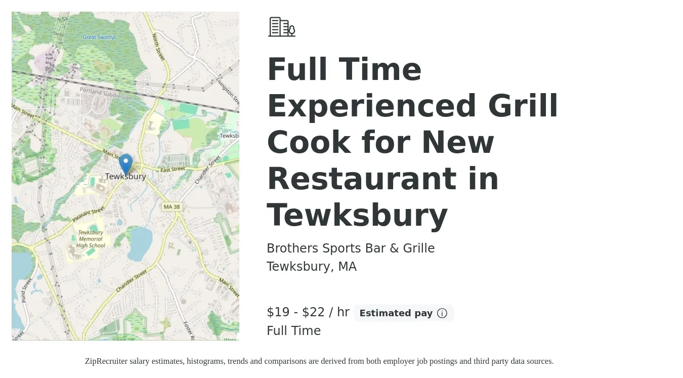Brothers Sports Bar & Grille job posting for a Full Time Experienced Grill Cook for New Restaurant in Tewksbury in Tewksbury, MA with a salary of $20 to $23 Hourly with a map of Tewksbury location.