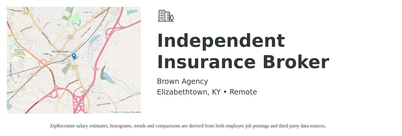 Brown Agency job posting for a Independent Insurance Broker in Elizabethtown, KY with a salary of $7,000 to $12,000 Monthly with a map of Elizabethtown location.