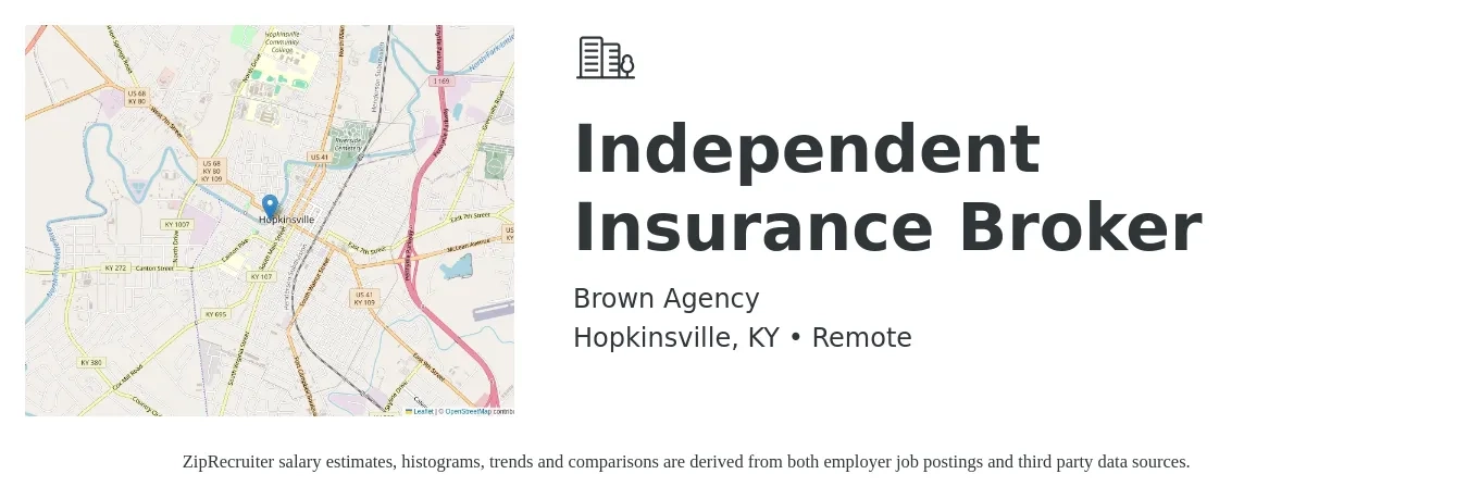 Brown Agency job posting for a Independent Insurance Broker in Hopkinsville, KY with a salary of $7,000 to $12,000 Monthly with a map of Hopkinsville location.