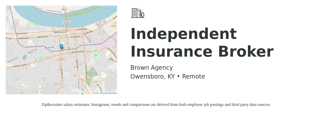 Brown Agency job posting for a Independent Insurance Broker in Owensboro, KY with a salary of $7,000 to $12,000 Monthly with a map of Owensboro location.