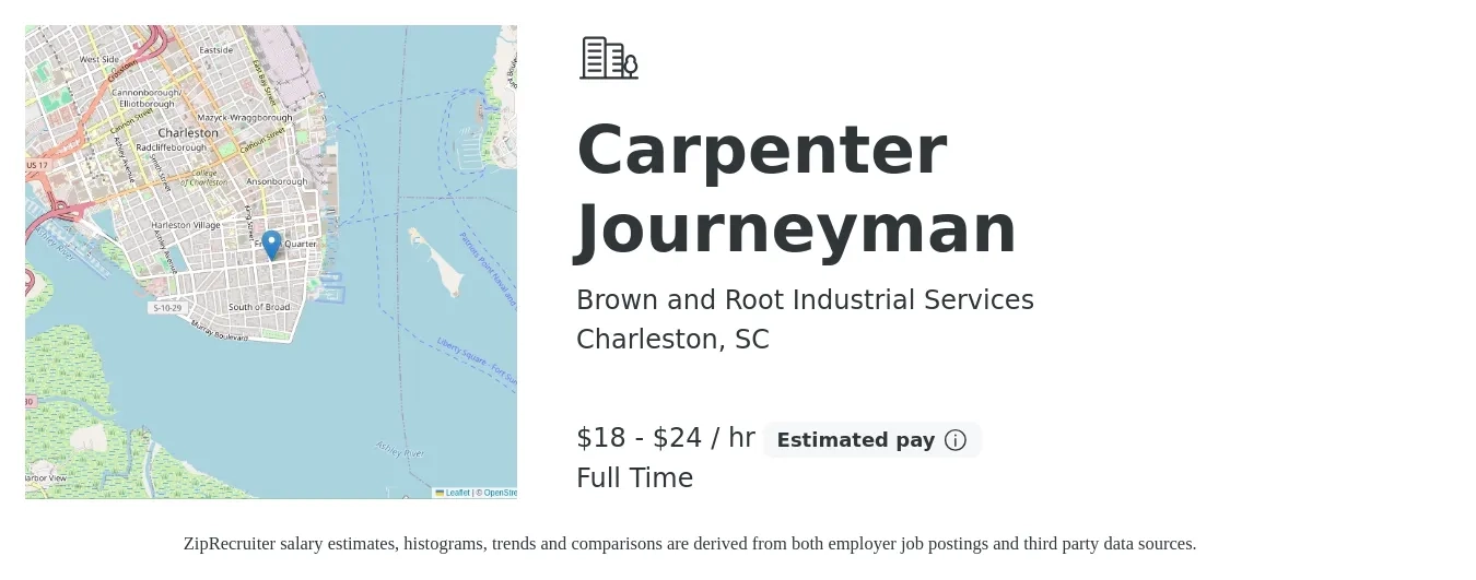 Brown and Root Industrial Services job posting for a Carpenter Journeyman in Charleston, SC with a salary of $19 to $25 Hourly with a map of Charleston location.