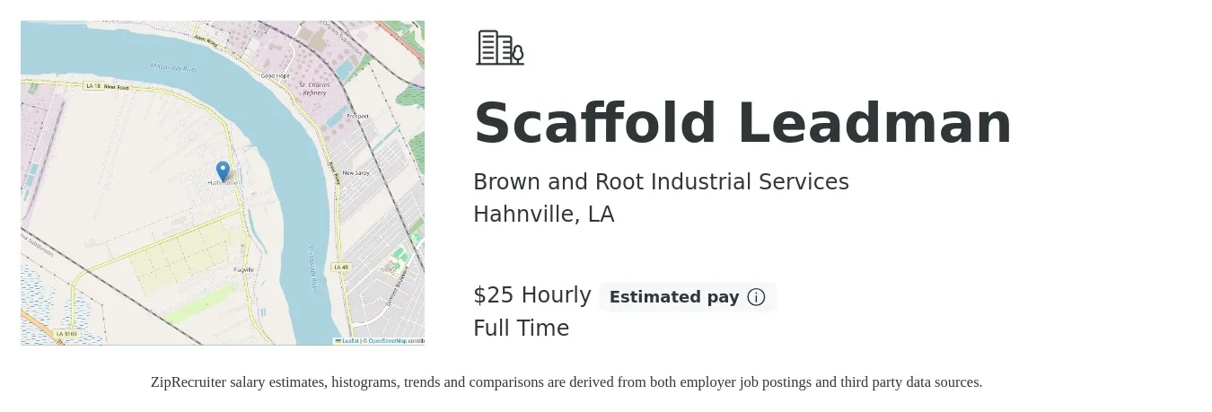 Brown and Root Industrial Services job posting for a Scaffold Leadman in Hahnville, LA with a salary of $26 Hourly with a map of Hahnville location.