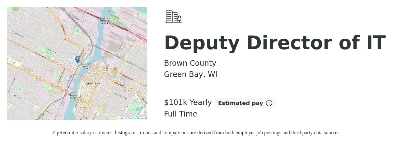 Brown County job posting for a Deputy Director of IT in Green Bay, WI with a salary of $102,600 to $148,800 Yearly with a map of Green Bay location.
