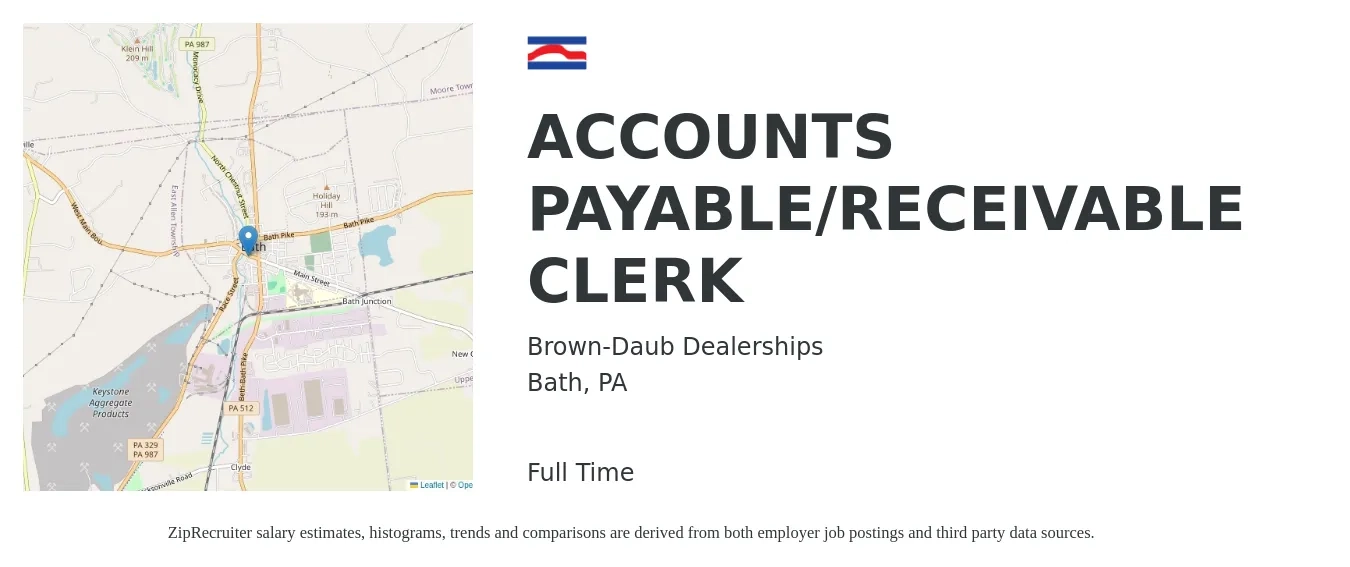 Brown-Daub Dealerships job posting for a ACCOUNTS PAYABLE/RECEIVABLE CLERK in Bath, PA with a salary of $18 to $23 Hourly with a map of Bath location.