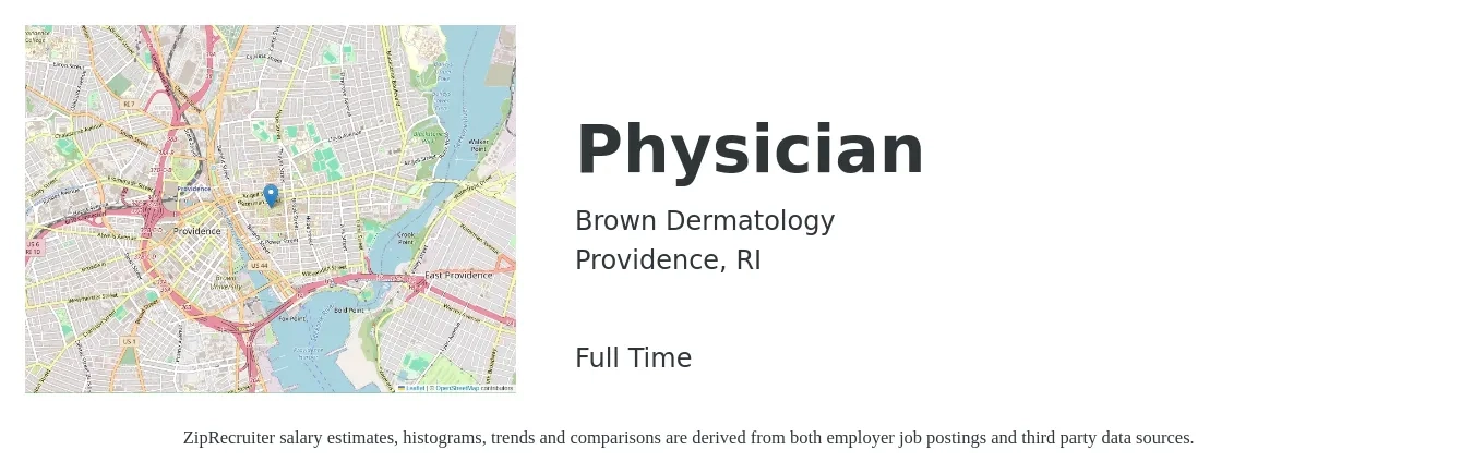 Brown Dermatology job posting for a Physician in Providence, RI with a salary of $101,000 to $136,900 Yearly with a map of Providence location.