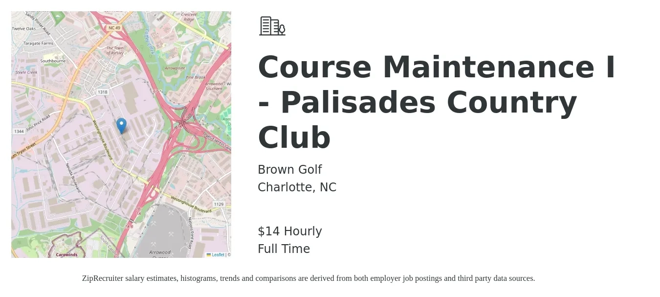 Brown Golf job posting for a Course Maintenance I - Palisades Country Club in Charlotte, NC with a salary of $15 Hourly with a map of Charlotte location.