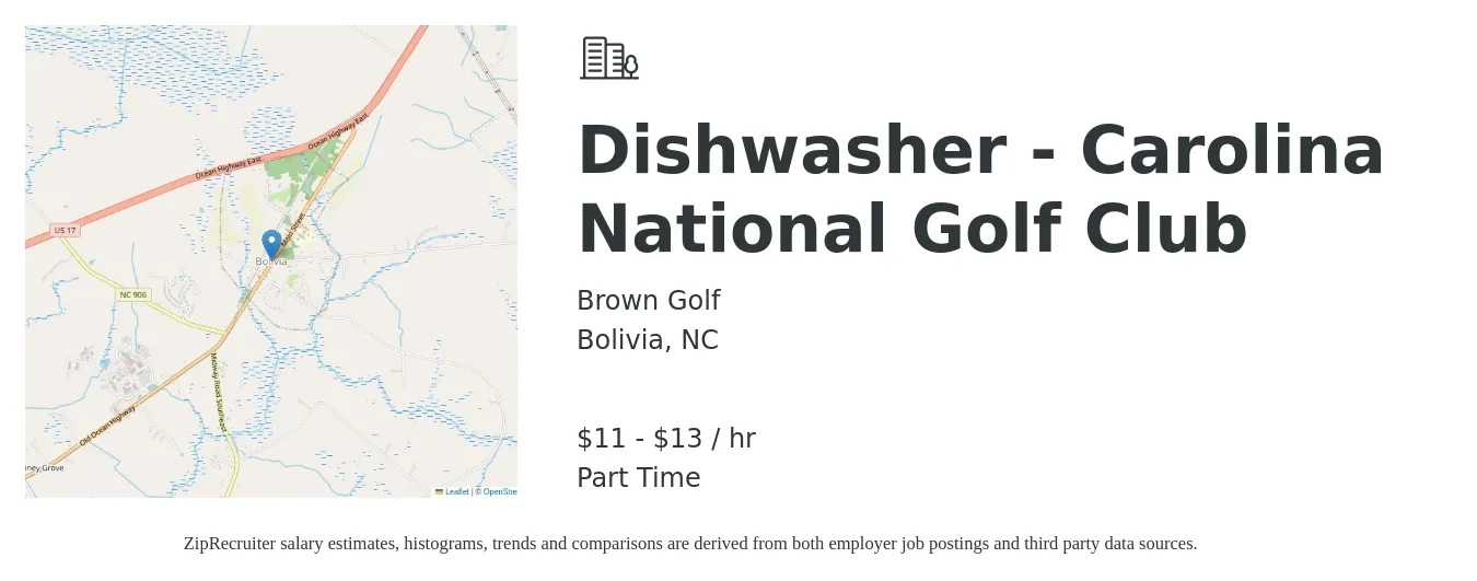 Brown Golf job posting for a Dishwasher - Carolina National Golf Club in Bolivia, NC with a salary of $12 to $14 Hourly with a map of Bolivia location.