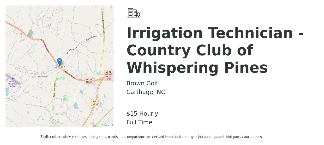 Brown Golf job posting for a Irrigation Technician - Country Club of Whispering Pines in Carthage, NC with a salary of $16 Hourly with a map of Carthage location.