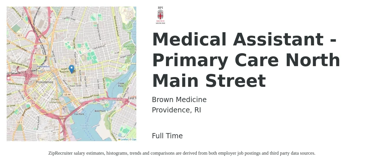 Brown Medicine job posting for a Medical Assistant - Primary Care North Main Street in Providence, RI with a salary of $18 to $23 Hourly with a map of Providence location.