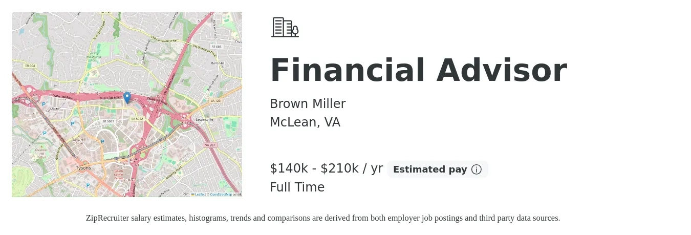 Brown Miller job posting for a Financial Advisor in McLean, VA with a salary of $140,000 to $210,000 Yearly with a map of McLean location.