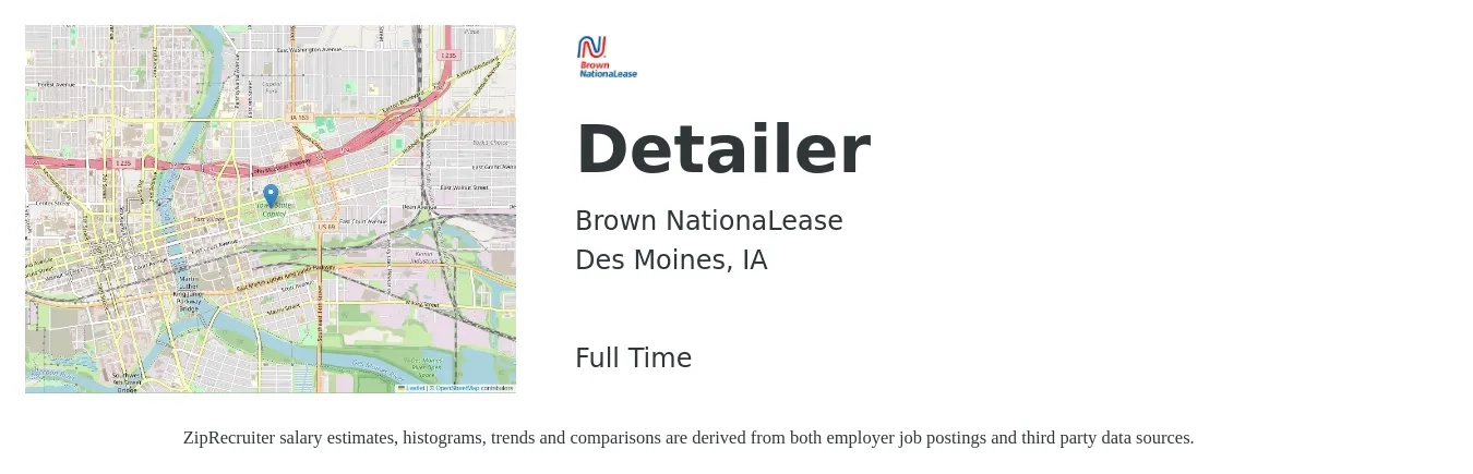 Brown NationaLease job posting for a Detailer in Des Moines, IA with a salary of $15 to $18 Hourly with a map of Des Moines location.