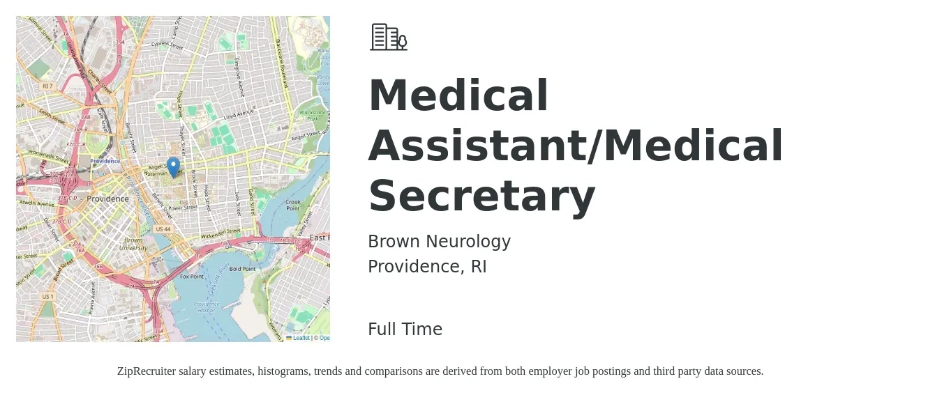 Brown Neurology job posting for a Medical Assistant/Medical Secretary in Providence, RI with a salary of $18 to $23 Hourly with a map of Providence location.