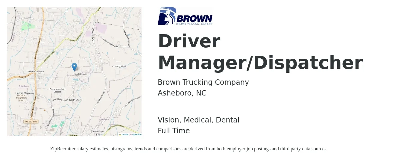 Brown Trucking Company job posting for a Driver Manager/Dispatcher in Asheboro, NC with a salary of $44,300 to $64,700 Yearly and benefits including retirement, vision, dental, life_insurance, and medical with a map of Asheboro location.