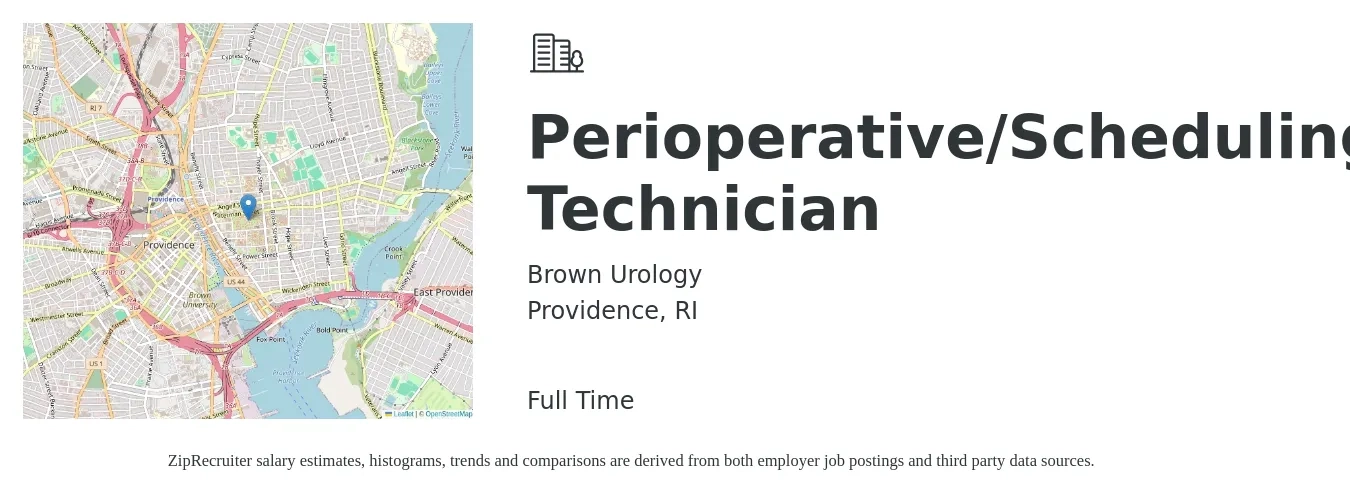Brown Urology job posting for a Perioperative/Scheduling Technician in Providence, RI with a salary of $24 to $39 Hourly with a map of Providence location.