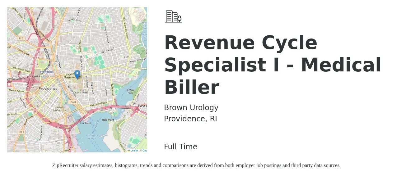 Brown Urology job posting for a Revenue Cycle Specialist I - Medical Biller in Providence, RI with a salary of $50,500 to $83,800 Yearly with a map of Providence location.