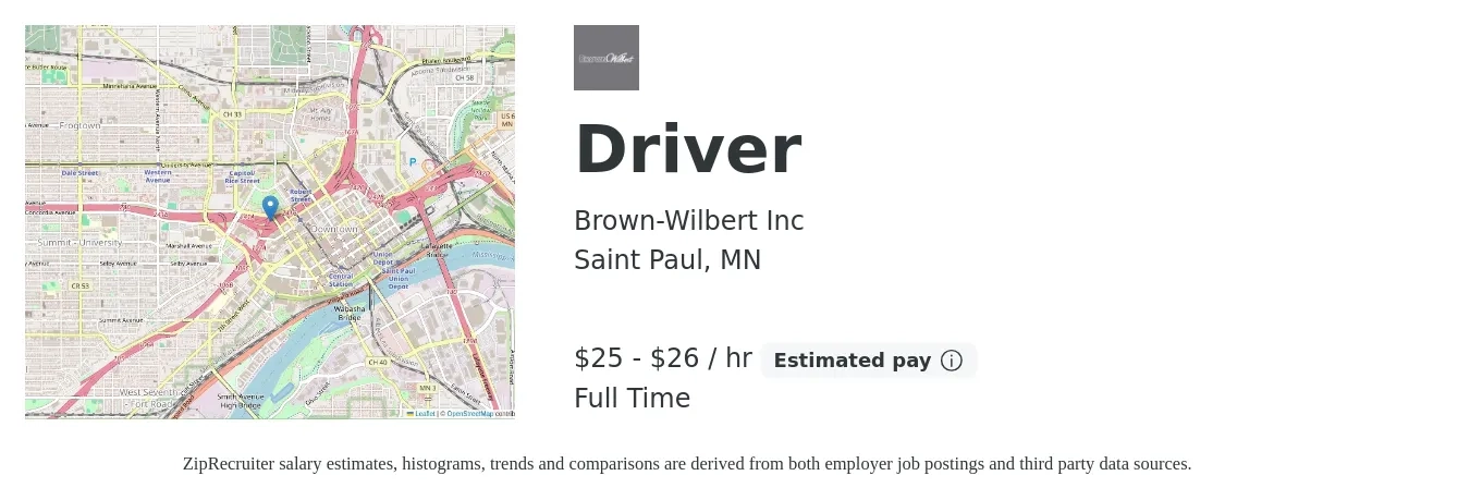 Brown-Wilbert Inc job posting for a Driver in Saint Paul, MN with a salary of $27 to $28 Hourly with a map of Saint Paul location.