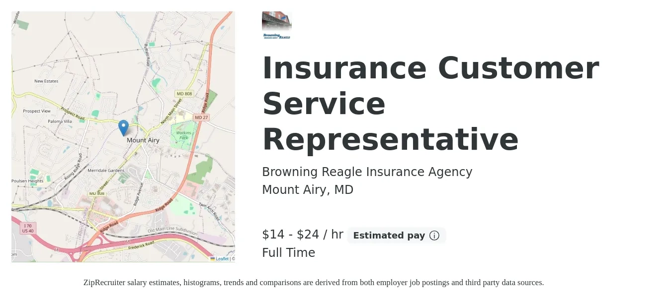 Browning Reagle Insurance Agency job posting for a Insurance Customer Service Representative in Mount Airy, MD with a salary of $15 to $25 Hourly with a map of Mount Airy location.