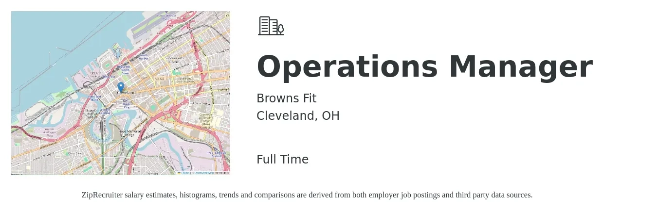 Browns Fit job posting for a Operations Manager in Cleveland, OH with a salary of $39,800 to $75,200 Yearly with a map of Cleveland location.