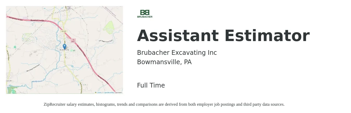 Brubacher Excavating Inc job posting for a Assistant Estimator in Bowmansville, PA with a salary of $50,900 to $83,000 Yearly with a map of Bowmansville location.