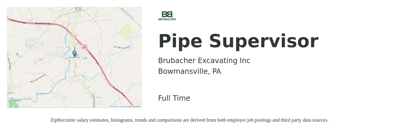 Brubacher Excavating Inc job posting for a Pipe Supervisor in Bowmansville, PA with a salary of $28 to $39 Hourly with a map of Bowmansville location.
