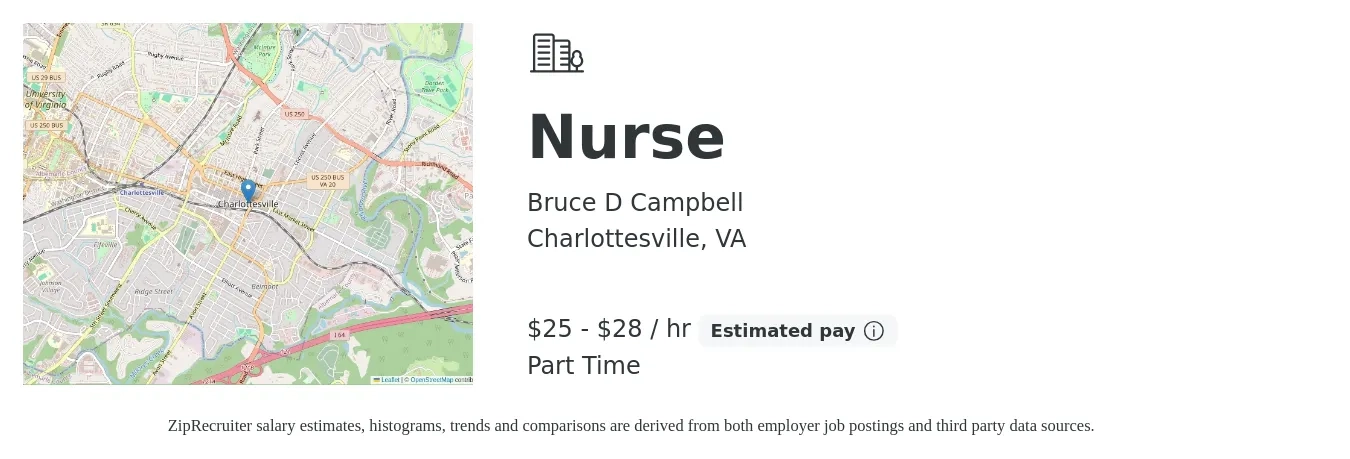 Bruce D Campbell job posting for a Nurse in Charlottesville, VA with a salary of $27 to $30 Hourly and benefits including retirement with a map of Charlottesville location.