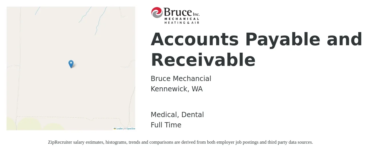 Bruce Mechancial job posting for a Accounts Payable and Receivable in Kennewick, WA with a salary of $18 to $24 Hourly and benefits including medical, retirement, dental, and life_insurance with a map of Kennewick location.