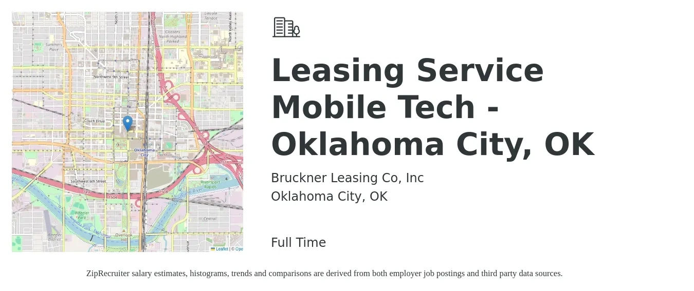 Bruckner Leasing Co, Inc job posting for a Leasing Service Mobile Tech - Oklahoma City, OK in Oklahoma City, OK with a salary of $24 to $32 Hourly with a map of Oklahoma City location.