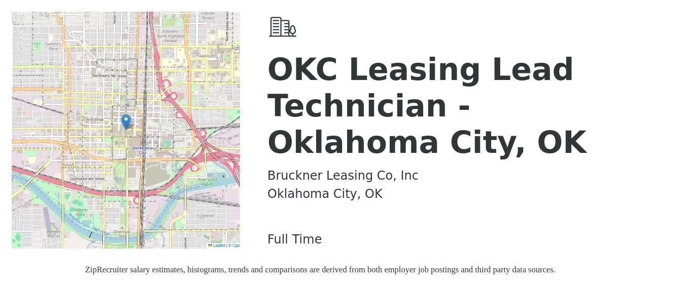 Bruckner Leasing Co, Inc job posting for a OKC Leasing Lead Technician - Oklahoma City, OK in Oklahoma City, OK with a salary of $40,700 to $52,800 Yearly with a map of Oklahoma City location.