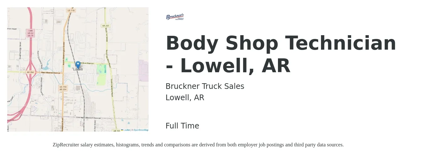 Bruckner Truck Sales, Inc job posting for a Body Shop Technician - Lowell, AR in Lowell, AR with a salary of $17 to $27 Hourly with a map of Lowell location.