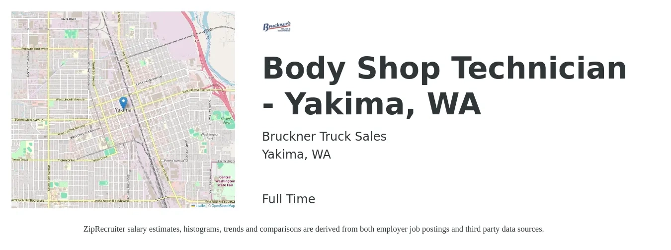 Bruckner Truck Sales, Inc job posting for a Body Shop Technician - Yakima, WA in Yakima, WA with a salary of $20 to $30 Hourly with a map of Yakima location.