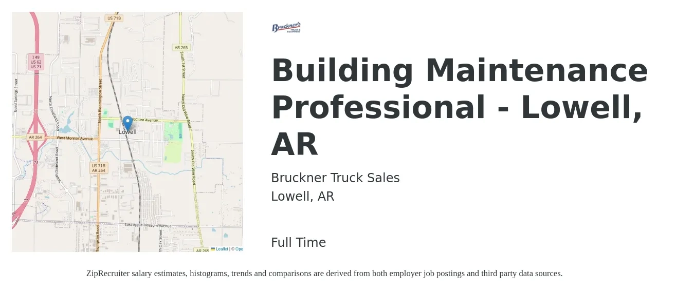 Bruckner Truck Sales, Inc job posting for a Building Maintenance Professional - Lowell, AR in Lowell, AR with a salary of $21 to $35 Hourly with a map of Lowell location.