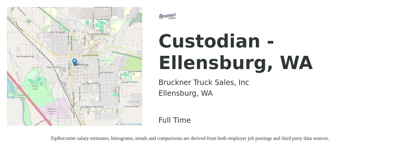 Bruckner Truck Sales, Inc job posting for a Custodian - Ellensburg, WA in Ellensburg, WA with a salary of $14 to $18 Hourly with a map of Ellensburg location.