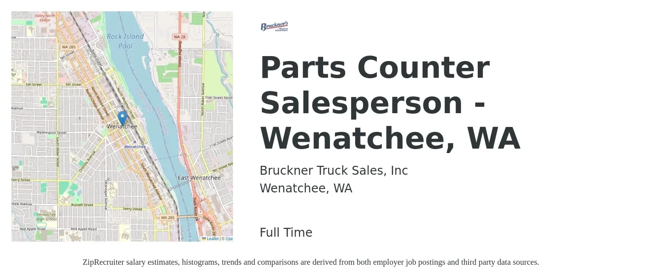 Bruckner Truck Sales, Inc job posting for a Parts Counter Salesperson - Wenatchee, WA in Wenatchee, WA with a salary of $18 to $23 Hourly with a map of Wenatchee location.