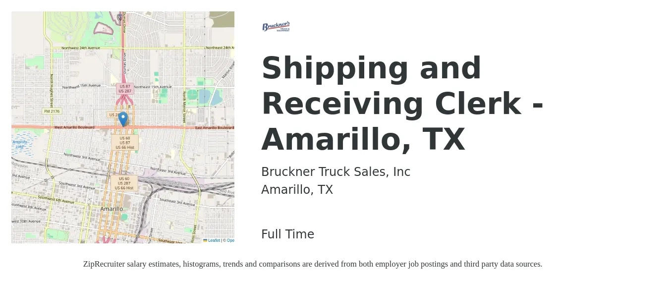 Bruckner Truck Sales, Inc job posting for a Shipping and Receiving Clerk - Amarillo, TX in Amarillo, TX with a salary of $15 to $18 Hourly with a map of Amarillo location.