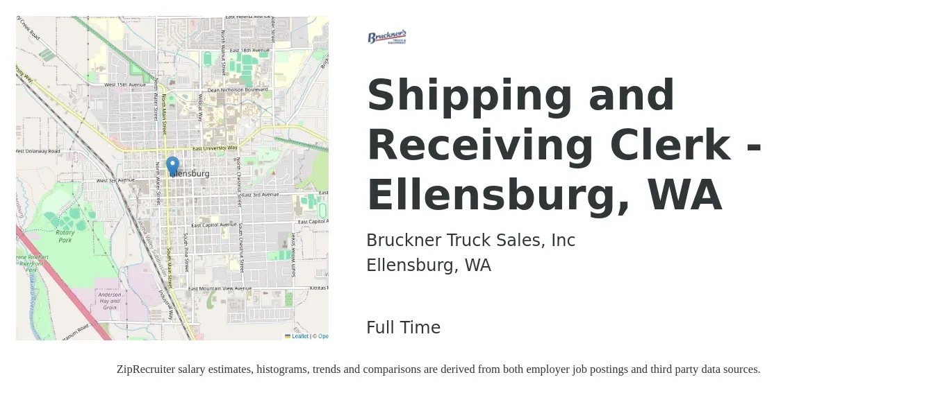 Bruckner Truck Sales, Inc job posting for a Shipping and Receiving Clerk - Ellensburg, WA in Ellensburg, WA with a salary of $17 to $20 Hourly with a map of Ellensburg location.