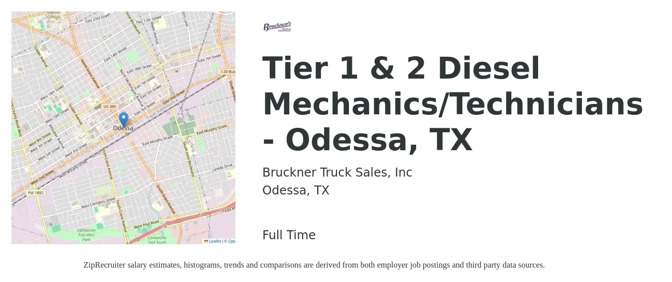Bruckner Truck Sales, Inc job posting for a Tier 1 & 2 Diesel Mechanics/Technicians - Odessa, TX in Odessa, TX with a salary of $26 to $36 Hourly with a map of Odessa location.