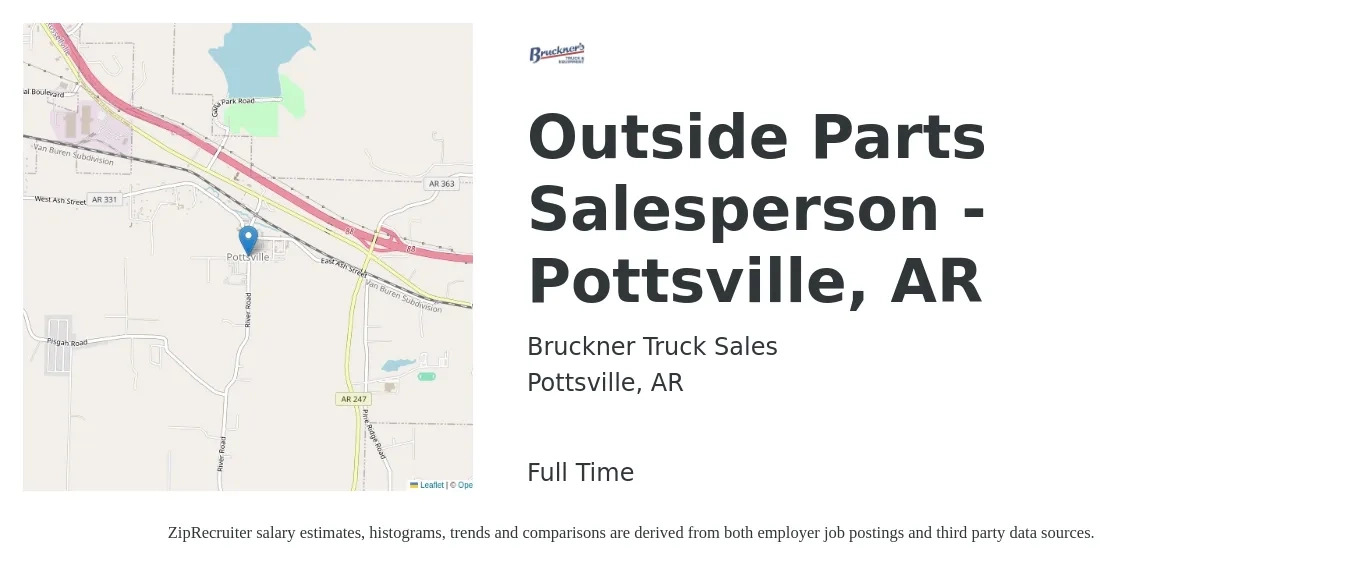 Bruckner Truck Sales, Inc job posting for a Outside Parts Salesperson - Pottsville, AR in Pottsville, AR with a salary of $31,300 to $58,100 Yearly with a map of Pottsville location.