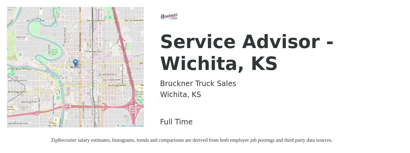 Bruckner Truck Sales, Inc job posting for a Service Advisor - Wichita, KS in Wichita, KS with a salary of $18 to $28 Hourly with a map of Wichita location.