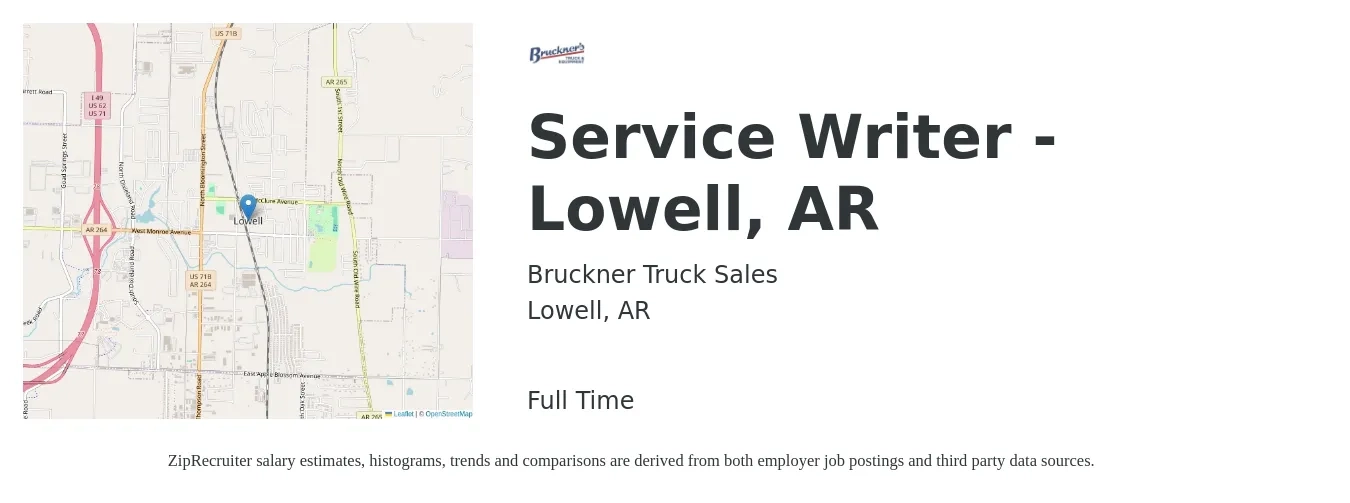 Bruckner Truck Sales, Inc job posting for a Service Writer - Lowell, AR in Lowell, AR with a salary of $17 to $26 Hourly with a map of Lowell location.