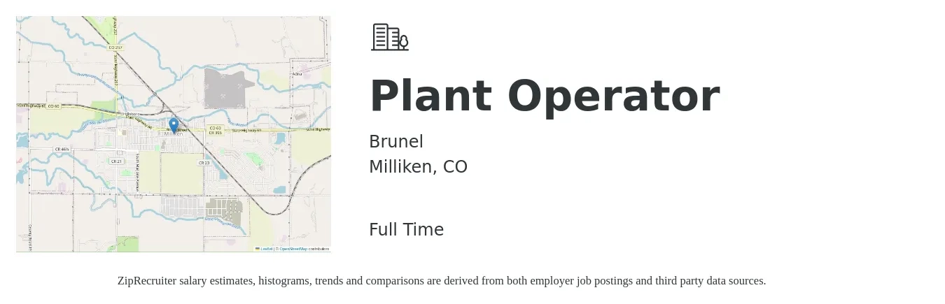 Brunel job posting for a Plant Operator in Milliken, CO with a salary of $18 to $28 Hourly with a map of Milliken location.